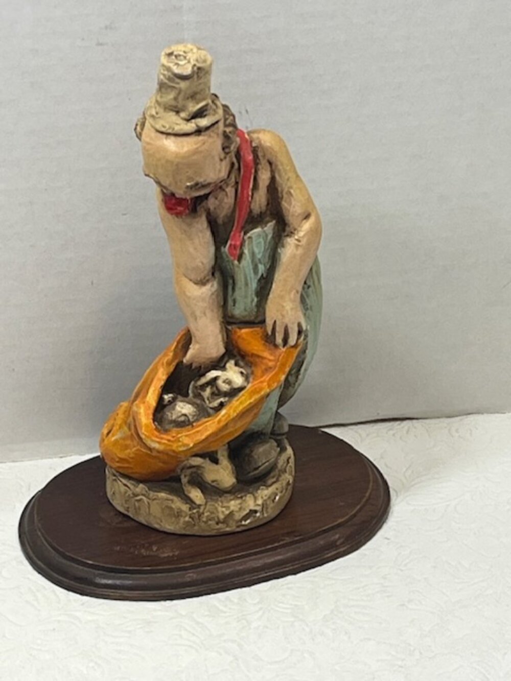 VTG Handmade Hobo Circus Clown Red Nosed Sack of Rabbits Wooden Oval Base5.5"x8"